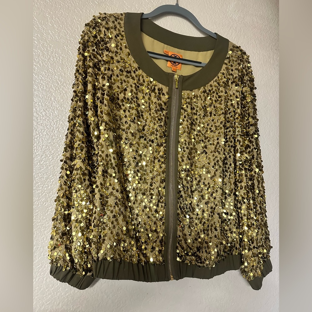 Tory Burch gold sequin zip jacket size 4 new
